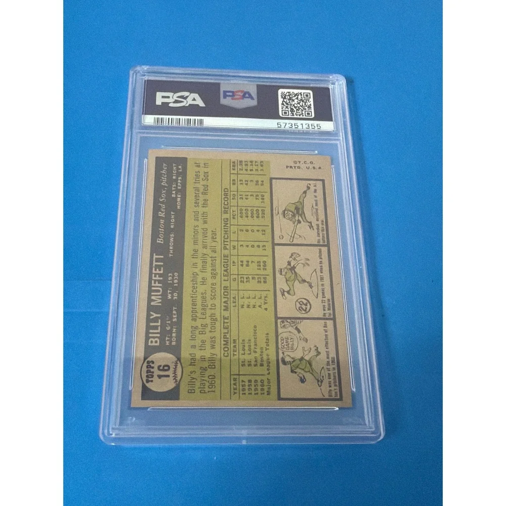 1961 Topps Billy Muffett #16 Boston Red Sox Pitcher PSA 8 NM-MT Vintage Card